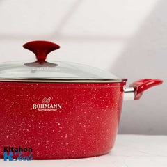 Касерола Bohmann 2,6 л, червена, мраморно покритие вътре и вън, от кован алуминий, 24x10 см, индукция, червена