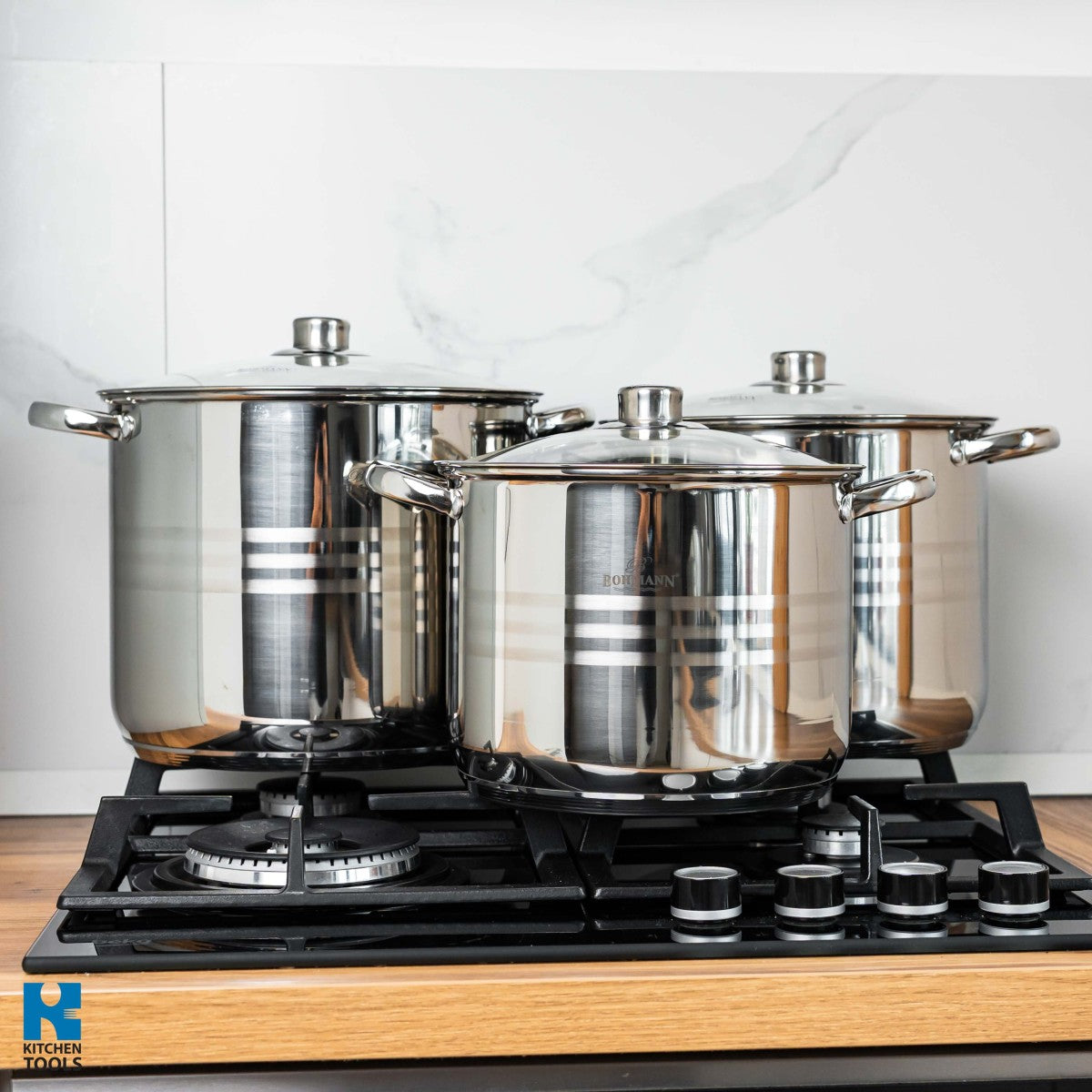 Комплект тенджери от 6 части Bohmann от неръждаема стомана (9L, 11L, 13.5L), индукция, 3-слойно дъно