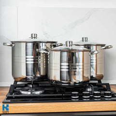 Комплект тенджери от 6 части Bohmann от неръждаема стомана (9L, 11L, 13.5L), индукция, 3-слойно дъно