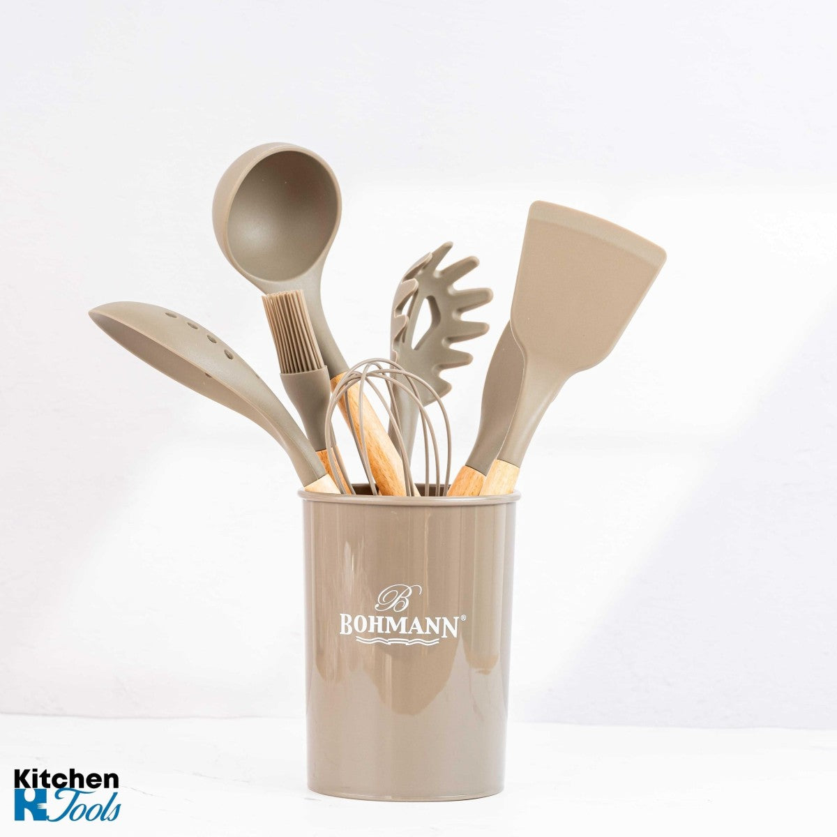 Комплект кухненски прибори Bohmann от 8 части, хранителен силикон, дървена дръжка, сив
