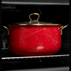 Емайлирана тенджера, 20х13 см, 4 литра, златни титанови дръжки, стъклен капак, включително индукция, Goldmann, червена