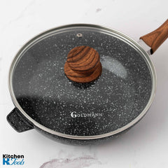 Висок лят алуминиев тиган, 28x7 см, Goldmann, термоустойчив капак, керамично покритие, мека дръжка, индукция