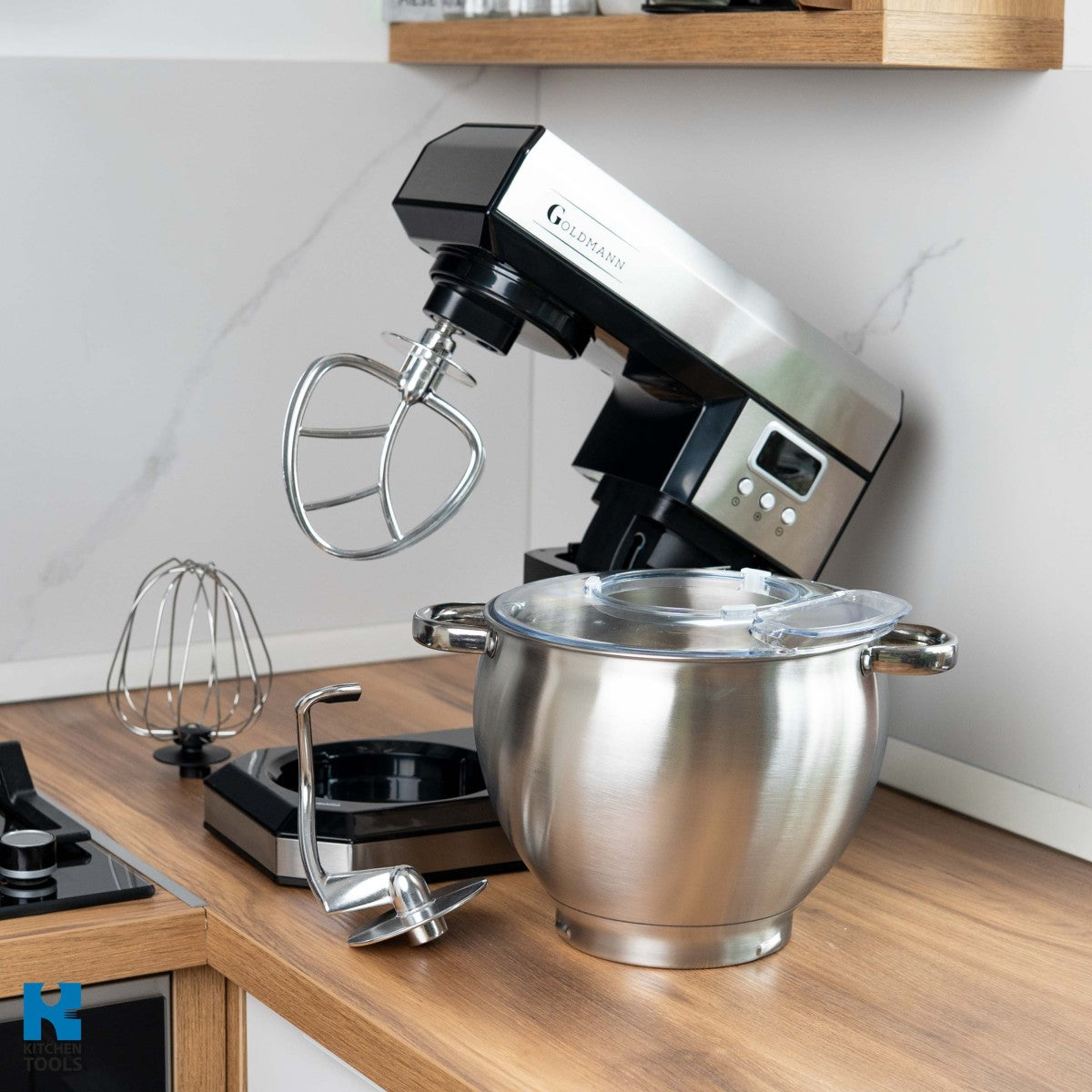 Планетарен миксер, 2200 W, купа от неръждаема стомана 8,5 л, 5 аксесоара, 6 скорости, таймер, GOLDMANN, сив