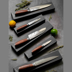 Професионален кухненски нож Santoku – дамаска стомана, 17,8 см, дръжка от орехово дърво