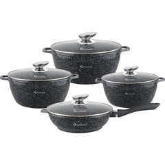 Комплект тенджери от 8 части, 20/24/28 cm, 2.3l 2.3l/4.5l/6.5l, лят алуминий, мраморна външна част, керамична вътрешност