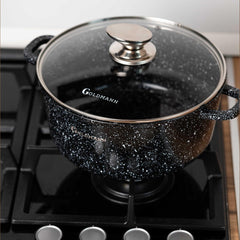 Комплект тенджери от 8 части, 20/24/28 cm, 2.3l 2.3l/4.5l/6.5l, лят алуминий, мраморна външна част, керамична вътрешност