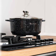 Комплект тенджери от 8 части, 20/24/28 cm, 2.3l 2.3l/4.5l/6.5l, лят алуминий, мраморна външна част, керамична вътрешност