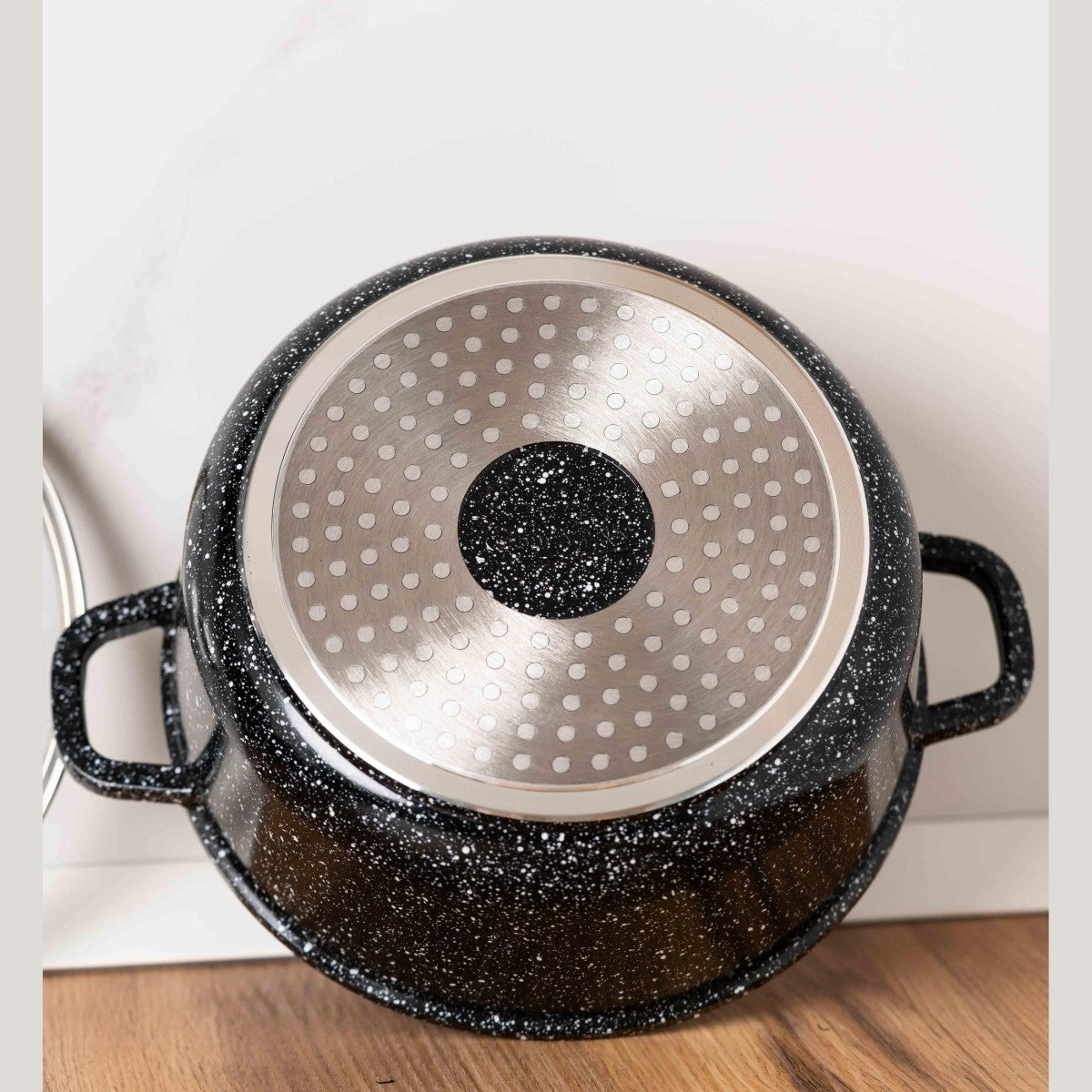 Комплект тенджери от 8 части, 20/24/28 cm, 2.3l 2.3l/4.5l/6.5l, лят алуминий, мраморна външна част, керамична вътрешност